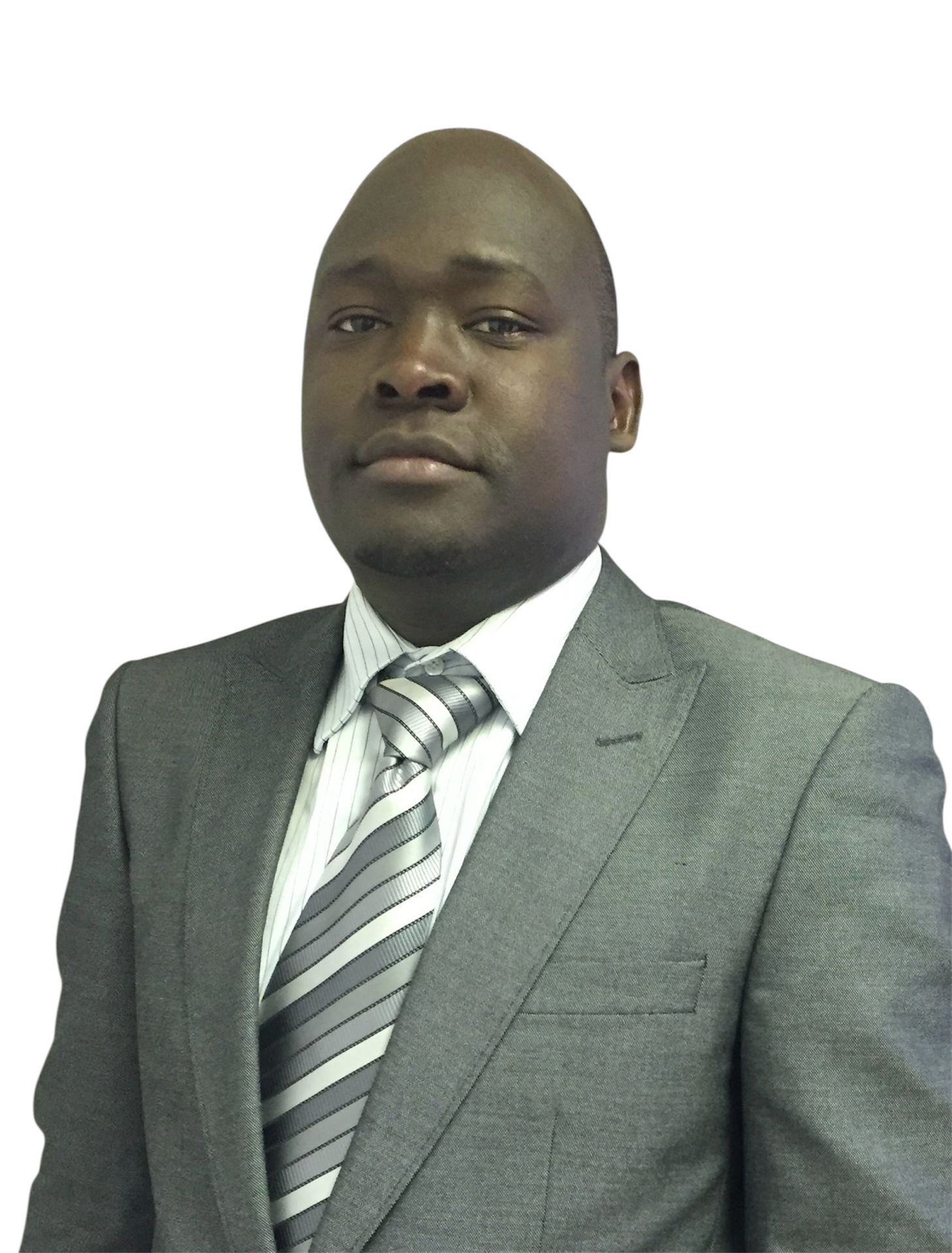Man in a gray suit with a striped tie on a white background.